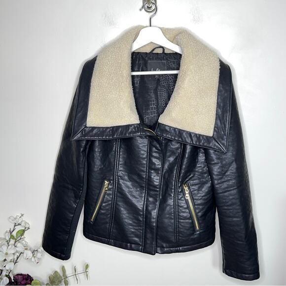 SAM EDELMAN Caitlyn Aviator Jacket Faux Leather Sherpa Moto Black - Picture 4 of 7